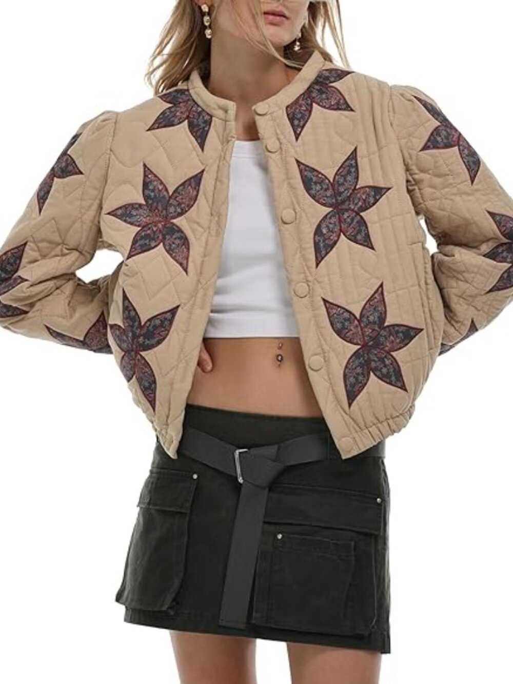 Gacaky Women's Floral Embroidered Cropped Quilted Puffer Jacket Size Large NWT